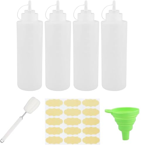 4 pezzi bottiglie da spremere con tappi, bottiglia squeeze 1000ml, bottiglia squeeze, riutilizzabili, 32 oz, con 1 pennello da 1 tazza, 1 imbuto verde, 1 foglio di adesivi, per condimenti, cucina