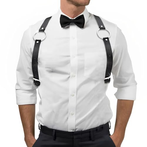 BODIY Men Leather Suspenders Belt Y-Back Shoulder Strap Groomsmen Wedding Adjustable Tuxedo Suspender (Black)