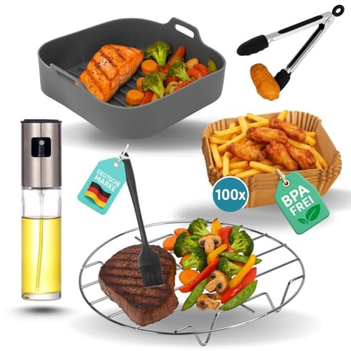 FryChef Varmluftsfritös tillbehör, Airfryer tillbehör, 5 delar, med silikonform, oljespruta, bakpapper och mycket mer. Lämplig för COSORI 5,5 L, Philips 7,3L eller Cecotec 5,5 L. Kvadratiska enheter