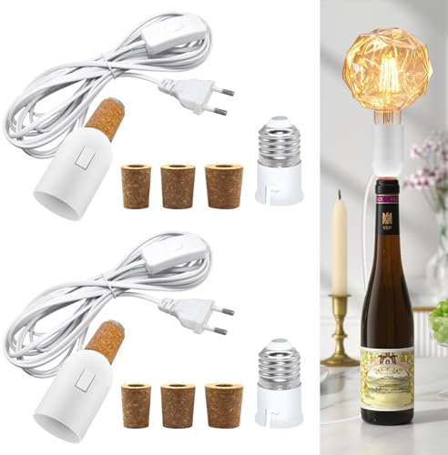 2 Pezzi Portalampada per Bottiglia con Interruttore, E27 Portalampada con B22 Convertitore e 240CM Cavo, Adattatore per Bottiglia con 3 Tappi di Tappo, DIY Lampada da Tavolo per Bottiglia di Vino