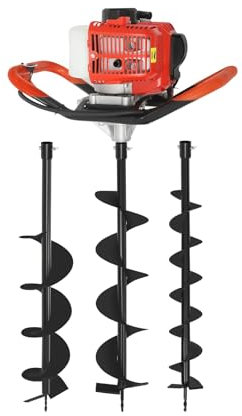 52CC 2 Stroke Petrol Earth Auger Fence Post Hole Borer Kit with 3 Drill Attachments (100mm, 150mm, 200mm Dia) and Extension Ground Hole Borrer Digger 2.3HP Spiral Digger