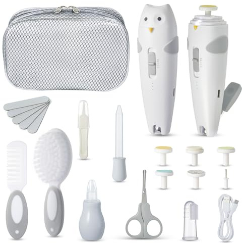 Lictin Kit Higiene Bebe-25 en 1 Ecargable Lima Electrica Uñas Bebe Set | Lima uñas bebe con iluminación automática, Portátil Kit de Aseo para Bebés, ¡gran idea de regalo(Gris)