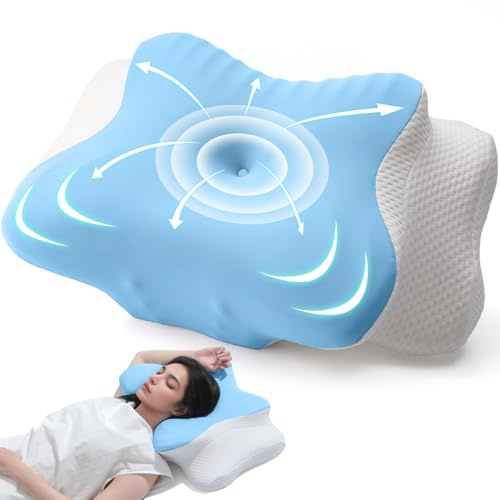 AmzHandler Memory Foam Pillow for Neck Pain Relief, Ergonomic Neck Support Pillow for Side, Back & Stomach Sleepers, Cooling Ice Silk Cover (Washable), Blue