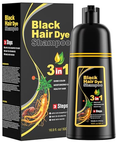JUANCHI Schwarzes Haarfärbeshampoo für Graues Haar, Haarfärbeshampoo Schwarz 3 in 1, 500ml Natürliche Schwarze Haarfarbe für Frauen Männer (16.9oz)