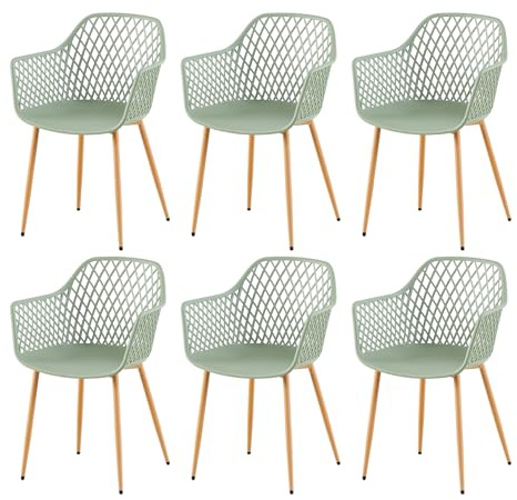 buybyroom Chaise de Jardin Exterieur Lot de 6, Chaise Plastique avec Accoudoir et Pied en Métal, Fauteuil Jardin Exterieur pour Terrasse,Balcon,Salle a Manger,Salon,Dossier à Design Ajouré,Grise-verte