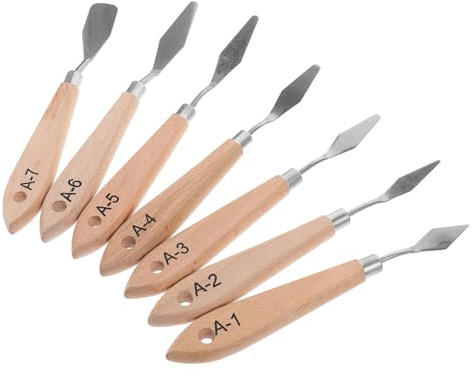 Beavorty Set 7 Pezzi Spatole da Disegno in Acciaio Inox Manico in Legno Ergonomico, Raschietti per Pittura a Olio per Miscelare Pigmenti, Strumenti Artistici Portatili per Pittori