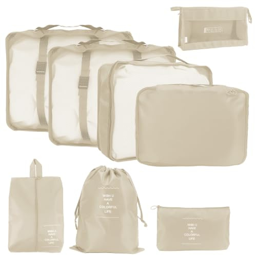 Lot de 8 Organisateur Valise, Organisateur de Voyage, Sacs de Rangement Imperméables et Résistants, Packing Cubes pour Vêtements, Chaussures, Cosmétiques, Vacances