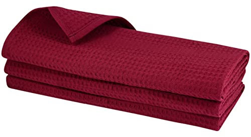 Daloual 3er-Pack Baumwolltücher in Bordeaux/Weinrot, hochwertige Geschirrtücher, aus 100% Baumwolle, mit Waffelpique-Webmuster, Größe: 70x50 cm, Putztücher, Poliertücher, Handtücher