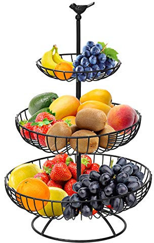 Hossejoy Fruit Bowl, 3 Tier Fruit Bowls, Metal Fruit Basket, Countertop Fruit Bowls, Fruit Stand Storage Holder with Bowls, Keeps Fruits Fresh (Black)