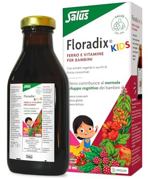 Salus Floradix Kids - Integratore alimentare per favorire il normale sviluppo cognitivo con Ferro e Vitamine per bambini, gusto lampone - 250ml