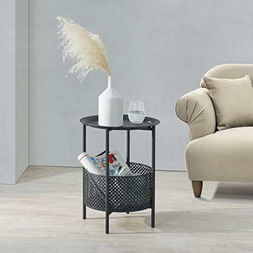 [en.casa] Beistelltisch 'Kruibeke' 46x35cm mit Korb Wohnzimmertisch Metall Kaffeetisch Schwarz