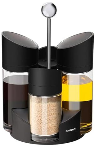 Aminno Oil & Spices Seasoning Dispenser Jar 5 Pcs Storage Set With Matte Finish Rotating Stand 2 x 170 ml Oil Bottles, 2 x 100 ml Salt Pepper Dispenser