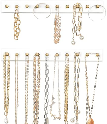 Mkono Necklace Holder Wall Mounted Set of 2 Wood Necklaces Hanger, Jewelry Organizer Hanging with 20 Metal Round Hooks, Jewelry Hooks for Necklaces, Bracelets, Chains, Keys,White