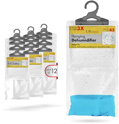 UR CHOICE Wardrobe Dehumidifier Hanging Bags Pack of 12 Disposable Moisture Absorber Damp and Condensation Traps for Home Bedroom Bathroom Kitchen and Wardrobe