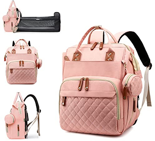 Lamroro Diaper Bag with Changing Station, Waterproof 3 in 1 Baby Diaper Backpack with Foldable Changing Pad, Large Travel Back Pack for Baby Girl Boy, Peach Pink