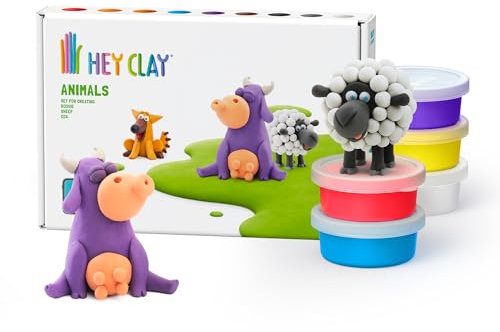 HEY CLAY Animaux Pack - 6 boîtes de pâte à modeler | Activité manuelle pour enfants | Argile autodurcissante | Jouet fille et garçon 3-7 ans | Loisirs créatifs (Vache, Chien, Mouton)