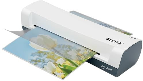 Leitz iLAM Home A4 Laminiergerät, Für 75 bis 125 mic Laminierfolien, 3 Minuten Aufwärmzeit, Inkl. Starterkit mit 5 Folien, Ideal für den Einsatz Zuhause, Home Office & Schule, Weiß, 74310001