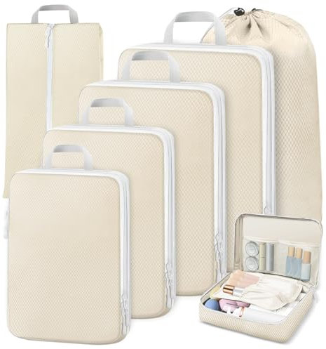 Otauoaea Koffer Organizer Set 7-teilig,Erweiterbares Travel Organizer Set,Packing Cubes Compression für Rucksack und Koffer,Packwürfel für Kleidung Schuhe Unterwäsche,Beige