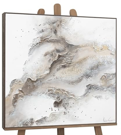 YS-Art Quadro Astratto Beige Tortora con Texture Fluide Moderne Dipinto a Mano su Tela Materica 100x100 cm