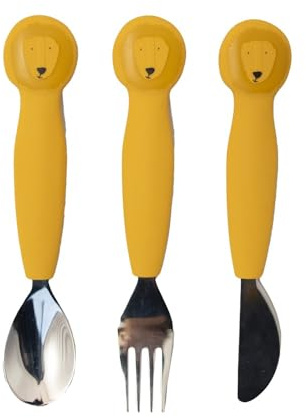Trixie Silikon-Besteck-Set, 3er-Pack, Mr. Lion, Kleinkind-Utensilien, weich, langlebig und griffig, sicheres Geschirr für Kinder, die essen lernen