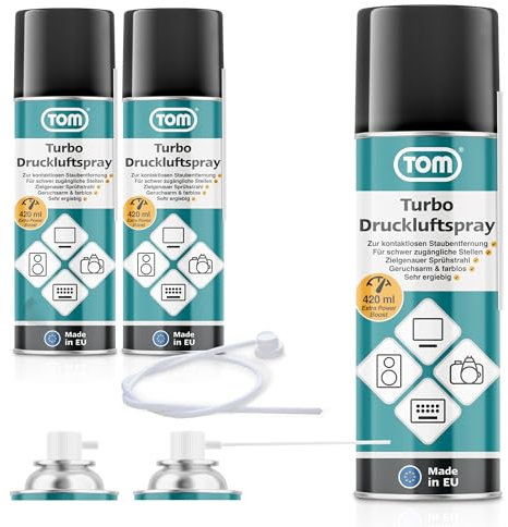 TOM 6 x oder 3 x 420 ml Power Druckluftspray – Air Duster – Reinigungsset mit 10 cm & 50 cm Sprühverlängerung – Druckluft aus der Dose – Reiniger für Tastatur, Laptop, Computer & co (3)