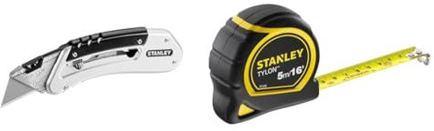 Stanley Quickslide Pocket Knife All-Metal with Belt Clip Ref 0-10-810, Silver/Black & Tylon Tape Measure 5M/16 Inches Compact Case with Cushioned Grip Metric and Imperial System 1-30-696, Yellow