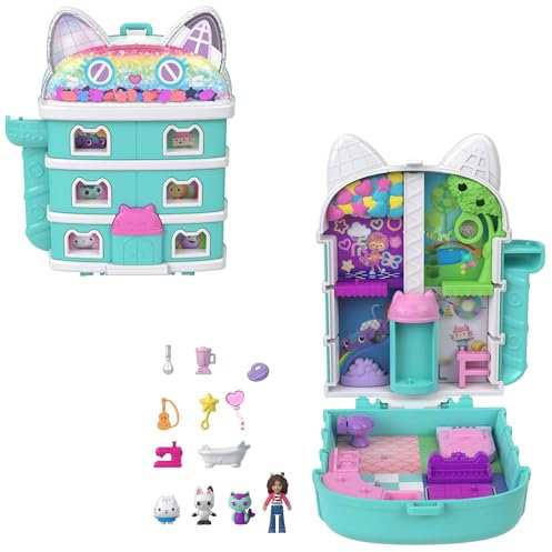 Polly Pocket Coffret Gabby et la Maison Magique, Mini-Figurines et Coffret de Jeu, 9 Accessoires à thème, Chats Pandy Pattes, Ptichou et Marine, JFV02