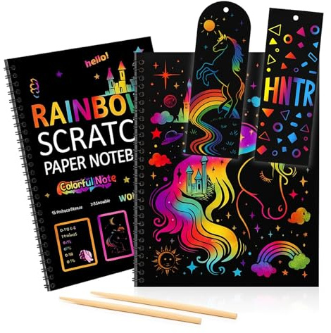 HNTR® Lot de 2 carnets de notes arc-en-ciel à gratter | 100 autocollants + 4 stylos en bois | Grand bloc de papier à gratter noir pour le dessin et les travaux manuels | Activité de voyage sans