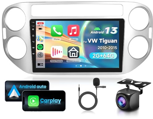 VECHTEL 2G & 64G 9 bilradio för VW Tiguan 2010-2015 med Carplay, Android Auto, trådlös, Android 13, pekskärm, Bluetooth FM/RDS Radio Wi-FI-navigering, AHD backkamera, CANBUS