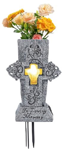 Resin Cemetery Vase with Solar Light, Cross‑Design Grave Flower Holder with Ground Spike for Outdoors, Memorial Sympathy Gift for Loved Ones' Graves