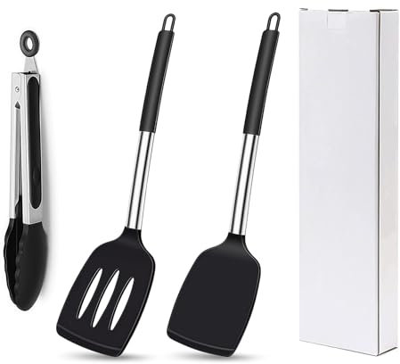 AMFUN 3PCS Heat Resistant Silicone Spatulas, BPA Free, Large Black Spatula Turner, Reusable Silicone Spatula Set, Non Stick Flexible Silicone Spatula Set for Baking, Frying, Flipping Eggs, Pancakes