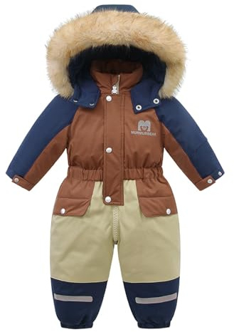 JiAmy snödräkt barn, pojkar flickor skiddräkt småbarn baby vinteroverall med huva fleecefodrad för 1–6 år, Orange med khaki, 5-6 år
