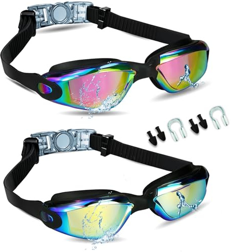 Mezere Lot de 2 paires de lunettes de natation anti-buée pour homme et adulte de 6 à 14 ans, anti-fuite, protection UV, pince-nez et oreillettes