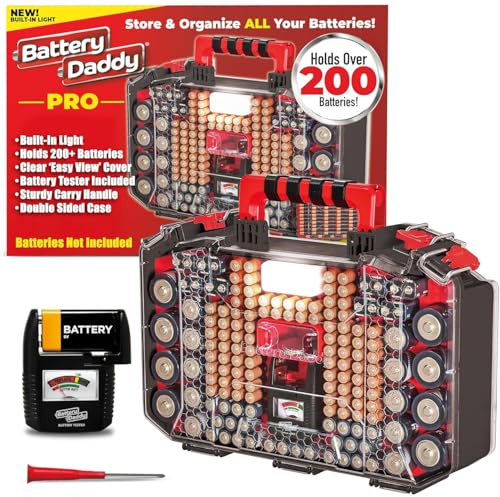 Ontel Battery Daddy Pro Organizer Case with Light + Tester, Holds 200+ | Black, Double-Sided Battery Storage Holder & Caddy with Built-In Light | Locking Lid, Carry Handle | Batteries Not Included