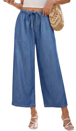 Fengbay Wide Leg Baggy Cropped Jeans for Women High Waisted Pull On Lightweight Loose Fit Casual Denim Pants with Elastic Waist Trendy