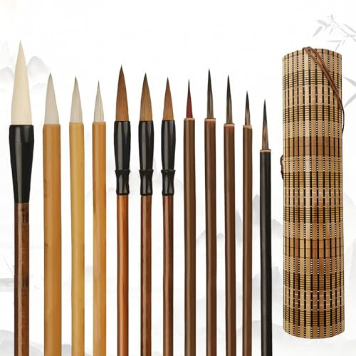 Set Pennelli Cinesi (12 Pezzi), Set di Pennelli per Calligrafia Cinese, Adatto per Esercizi di Calligrafia e Pittura a Inchiostro, Pennelli a Pelo Lungo, Misto e Dou, Oltre a Penne per Linee