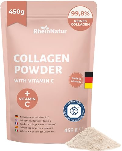 RHEINNATUR Collagene idrolizzato polvere [450 G] con vitamina C – Made in Germany collagene Powder – peptidi di collagene tipo 1 & 3 – Preparazione idrolizzata di collagene – Polvere di collagene