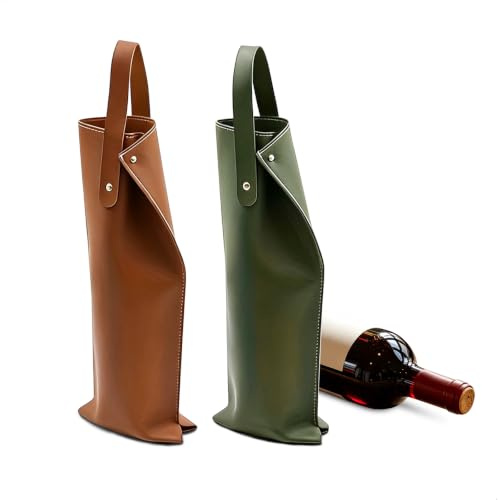 Sac Bouteille Vin, Sac Porte Bouteille, Emballage Bouteille Vin en Cuir Lot de 2 Avec Poignée de Transport et Fermeture de Sécurité Imperméable et Antichoc Fond Plat pour Stabilité 38x14, 8 cm