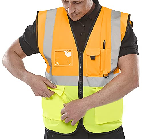 Hi Vis Executive Vest Waistcoat with Phone & ID Pockets Yellow Orange - 2 Two Tone