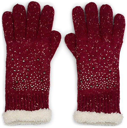 styleBREAKER guanti in maglia da donna con strass, fodera in pile calda, guanti invernali termici morbidi a dita con effetto brillante, colore:Bordò-Rosso a pois