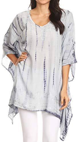 Sakkas K2022S - Wren Lightweight Circle Poncho Top Blouse with Detailed Embroidery - TD-Black - OS