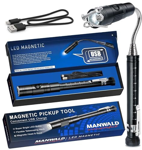 MANWALD Rechargeable Magnetic Pickup Tool, Telescoping Magnetic Flashlights with Extendable Magnet Stick, Birthday Day Gifts for Him Adults, Cool Gadgets Gifts for Men, Dad, Husband, Boyfriend