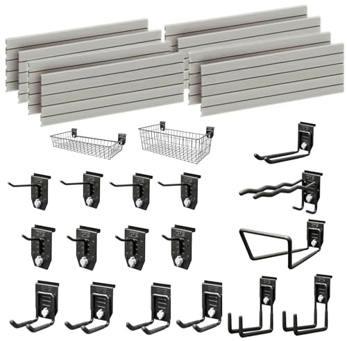 EVOpanel Garage Slat Wall Storage Kit - Heavy Duty Garage Wall Storage Organiser for Your Garage & Garden & Equipement with Twist Lock Mechanism | 19 Accessories | 2.44m (4ft) Panels