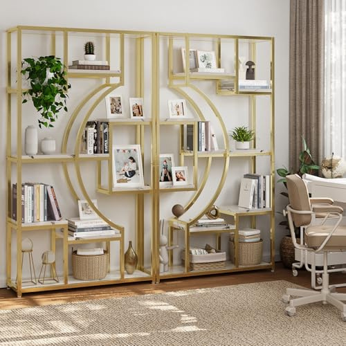 HolliWill Modern Book Shelf, White and Gold Bookshelf, 70.8 Inch Tall Etagere Bookcase, Set of 2 Geometric Display Shelves for Living Room, Bookcases/Bookshelf with Metal Frame for Home Office