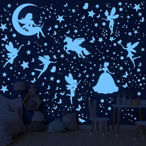 470 Stücke Leuchtsterne Kinderzimmer Leuchtsticker Einhorn Wandsticker Leuchtsterne Selbstklebend Wandtattoo Kinderzimmer Mädchen Leuchtende Sterne für Kinderzimmer Schlafzimmer Wohnzimmer Wanddeko