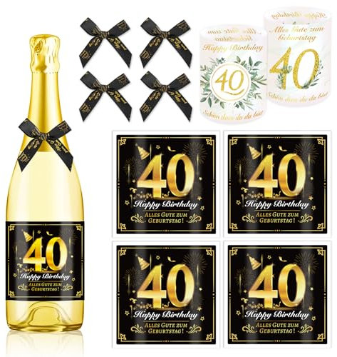 HOWAF 4 Flaschenetikett 40. Geburtstag, Alles Gute zum Geburtstag Flaschenetiketten Selbstklebend Schleife, Flaschenetikett 40 Geburtstag Geschenk Geburtstagsgeschenk für Frauen Männer