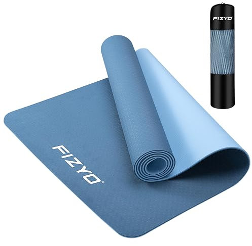 Fizyo Rutschfeste Yoga Matte mit Tragetasche, TPE, Gymnastikmatte für Pilates, Yoga, Workout, Fitnessmatte gepolstert & rutschfest, superdünn 0,6 cm, 183 x 61 cm, inkl. Transportgurt + Tasche (Blau)