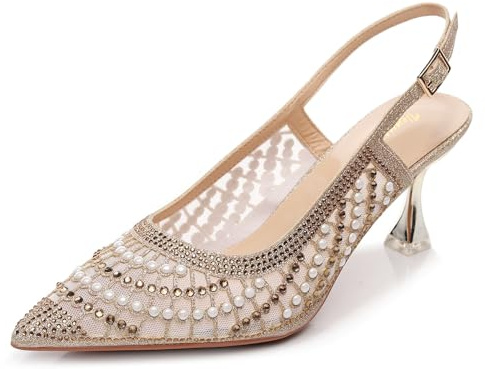 VenusCelia Women's Charming Lady Slingback Pump Shoe (9 M US,Gold Studded)