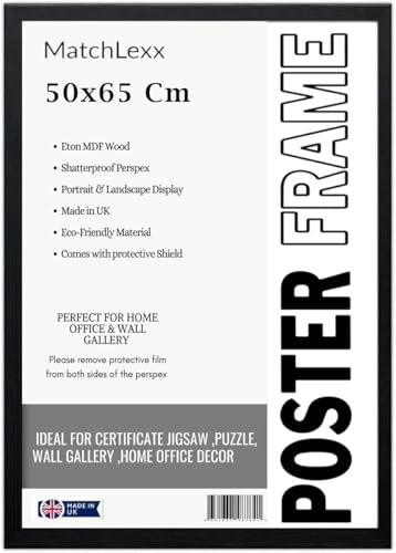 MatchLexx® Flat Durable Black crafted | Large Poster Picture Frame 50x65 cm Photo Frame | Solid Wood Frames Jigsaw Puzzle Artwork For Home and Office