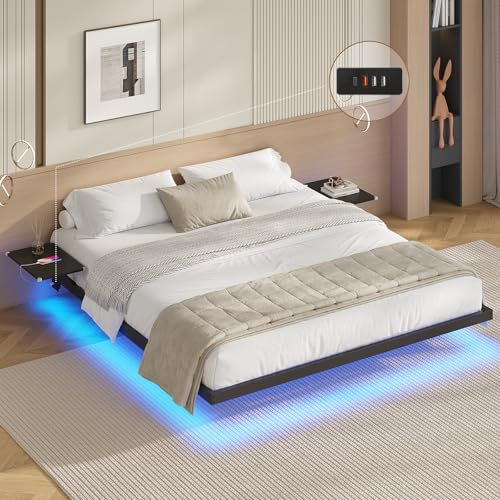 AOGLLATI Bettgestell 180x200 Bett 180x200 aus Metall mit LED Beleuchtung und Ladestation Schwebender Bettrahmen mit Aufbewahrungsregalen Metallbett mit Lattenrost Doppelbett Schwarz (Ohne Matratze)